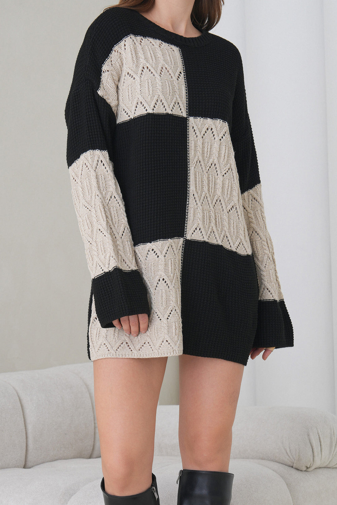 Ecru Black Bicycle Collar Patterned Mini Knit Dress BCHPK-251244 - Beckum
