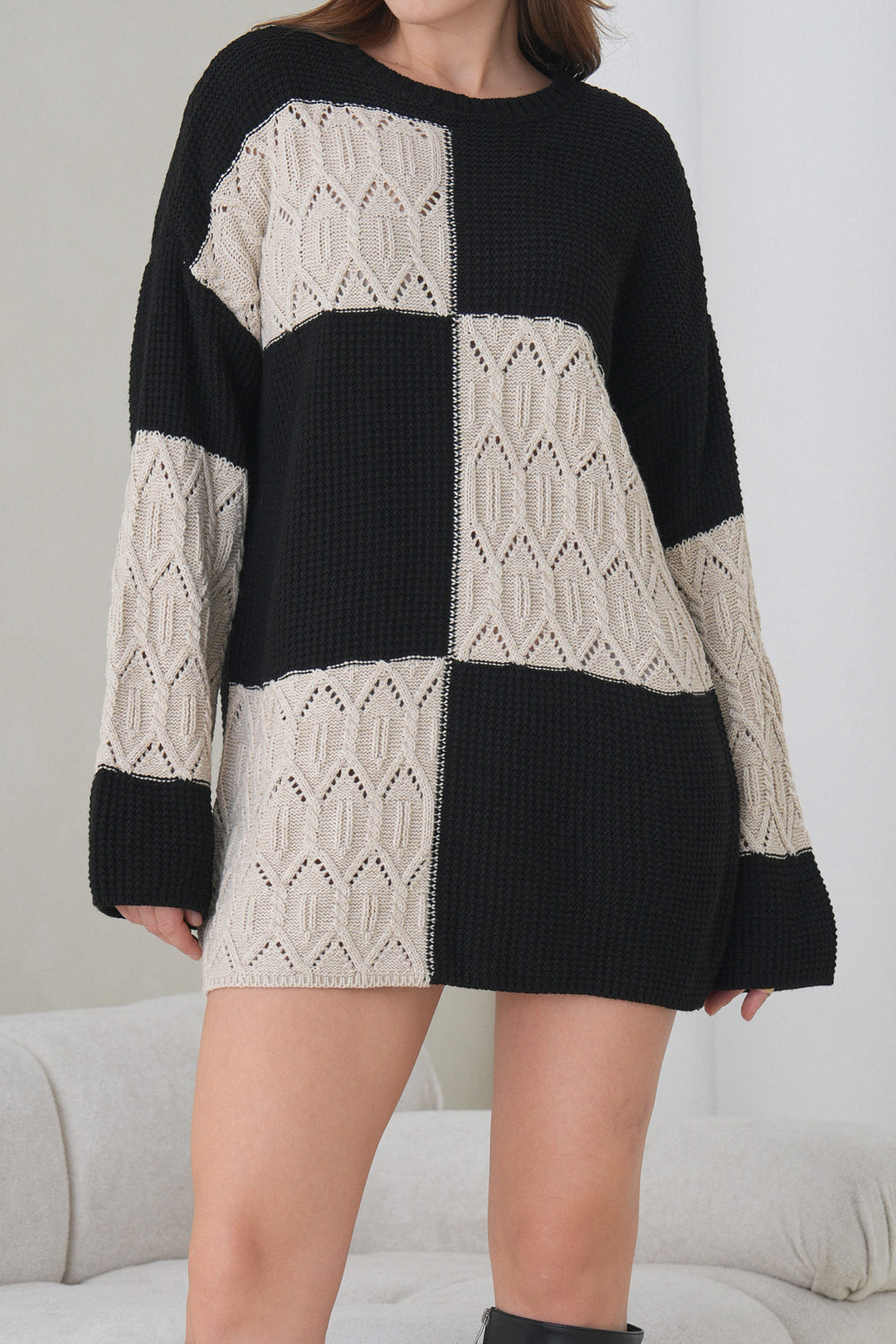 Ecru Black Bicycle Collar Patterned Mini Knit Dress BCHPK-251244 - Beckum