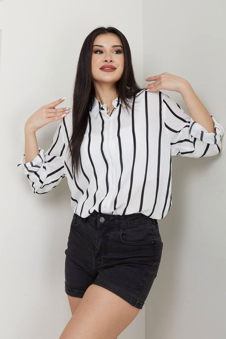 Ecru-Black Striped Basic Cotton Woven Shirt BCAYN-254003 - Leander