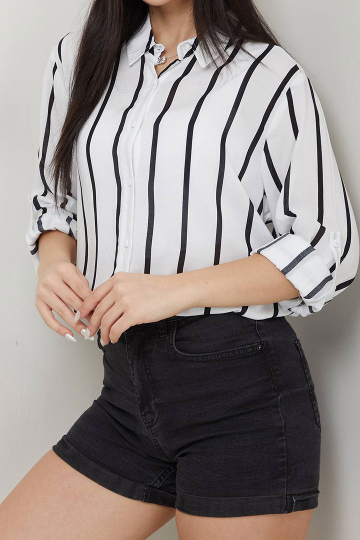 Ecru-Black Striped Basic Cotton Woven Shirt BCAYN-254003 - Leander