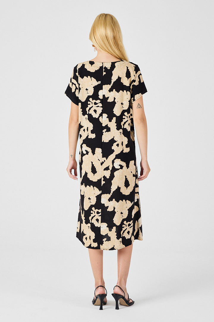 Ecru-Black Deep V-Neck Slit Patterned Midi Dress BCVL-254012 - Lower Merion