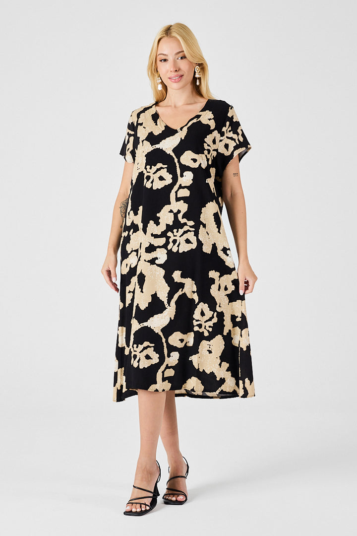 Ecru-Black Deep V-Neck Slit Patterned Midi Dress BCVL-254012 - Lower Merion