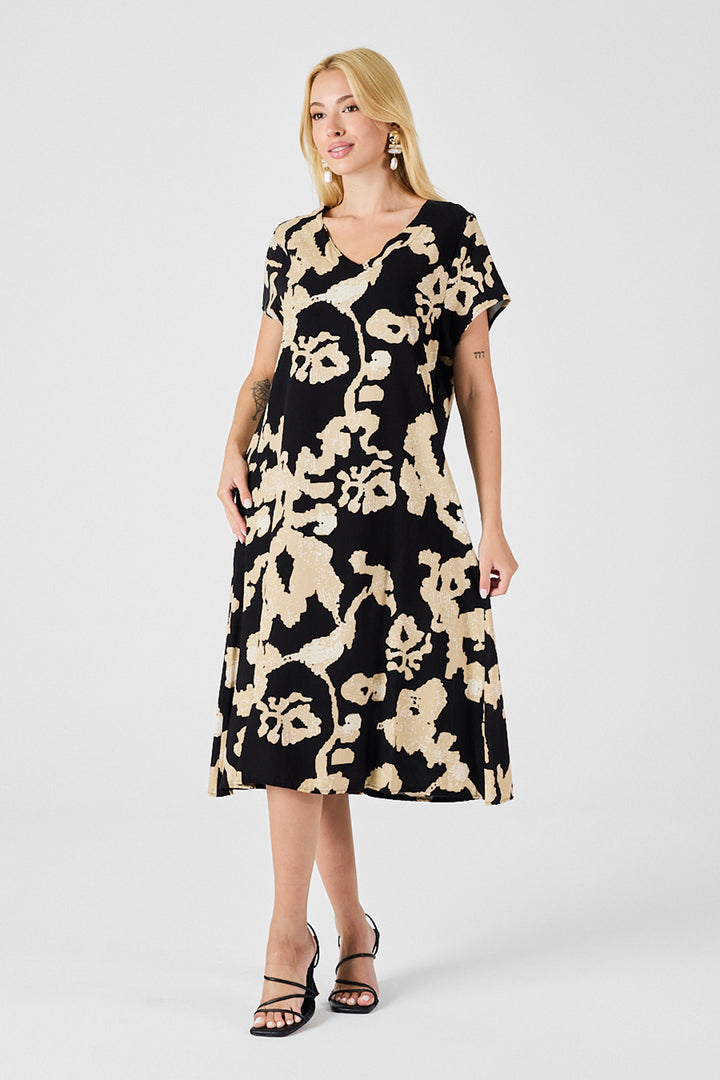 Ecru-Black Deep V-Neck Slit Patterned Midi Dress BCVL-254012 - Lower Merion
