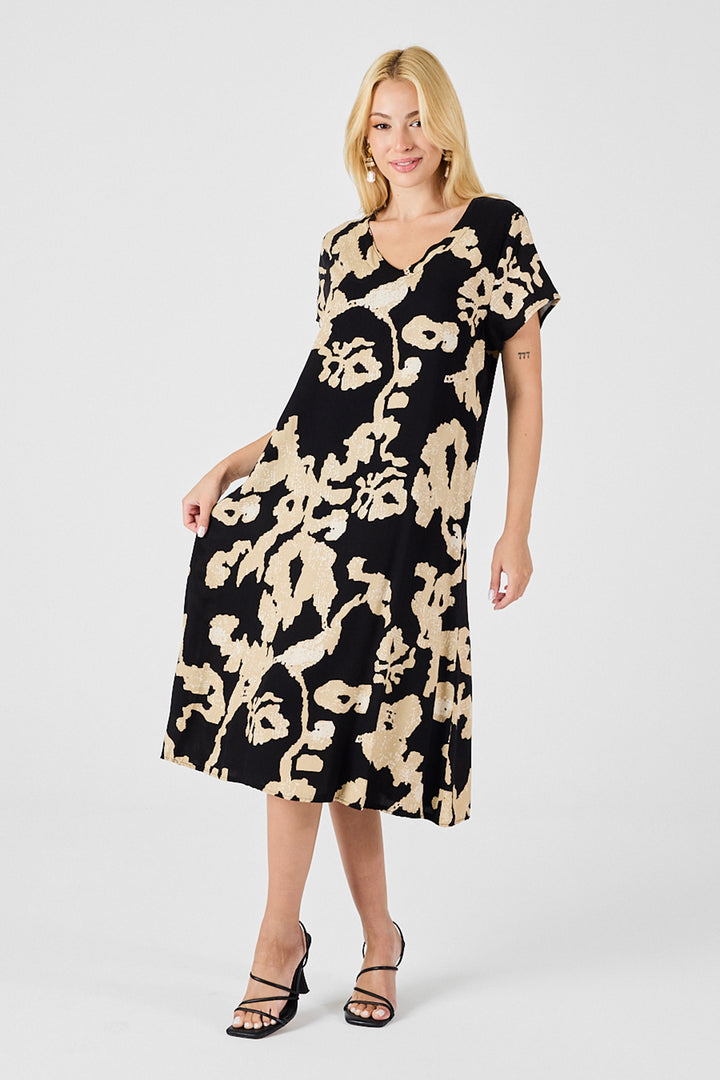 Ecru-Black Deep V-Neck Slit Patterned Midi Dress BCVL-254012 - Lower Merion