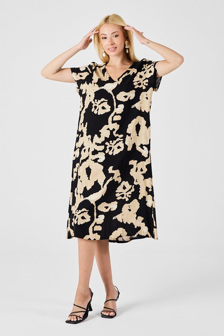 Ecru-Black Deep V-Neck Slit Patterned Midi Dress BCVL-254012 - Lower Merion