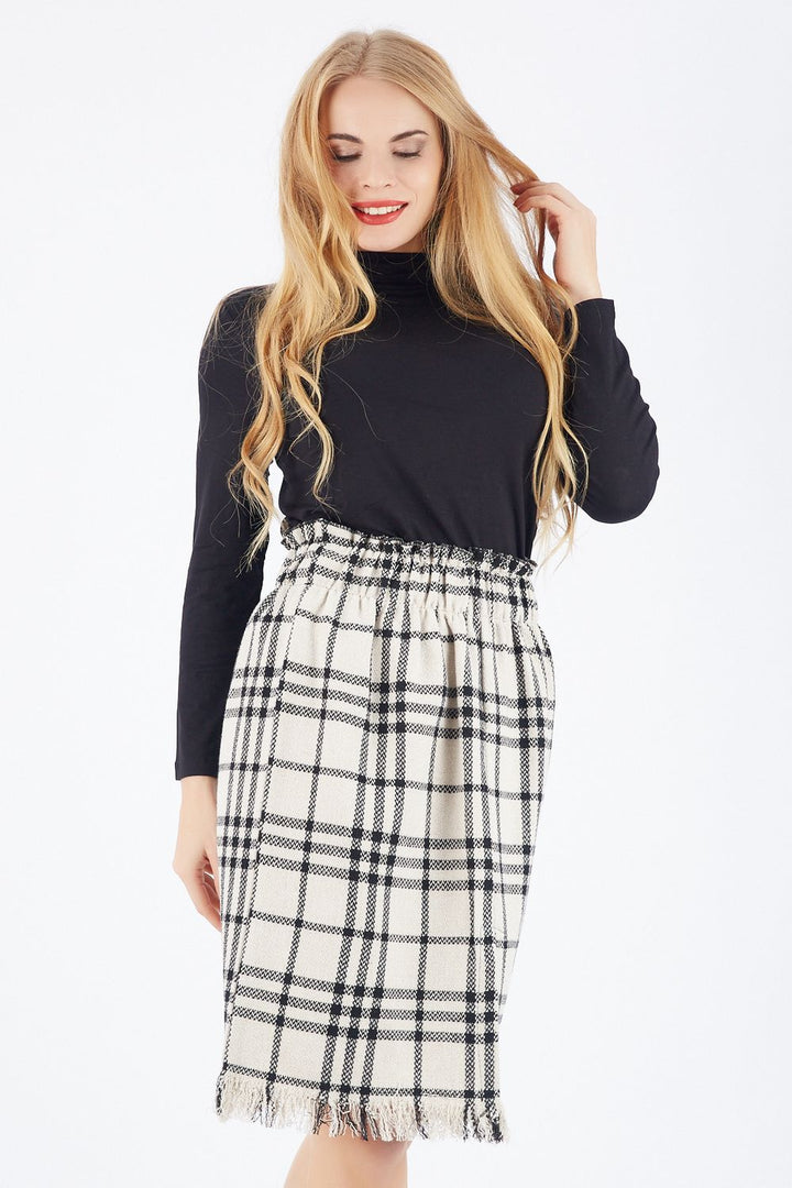 SNS Beige Black Thin Striped Slit Plaid Skirt - Warren