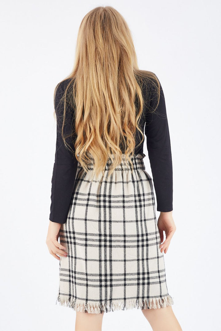 SNS Beige Black Thin Striped Slit Plaid Skirt - Warren