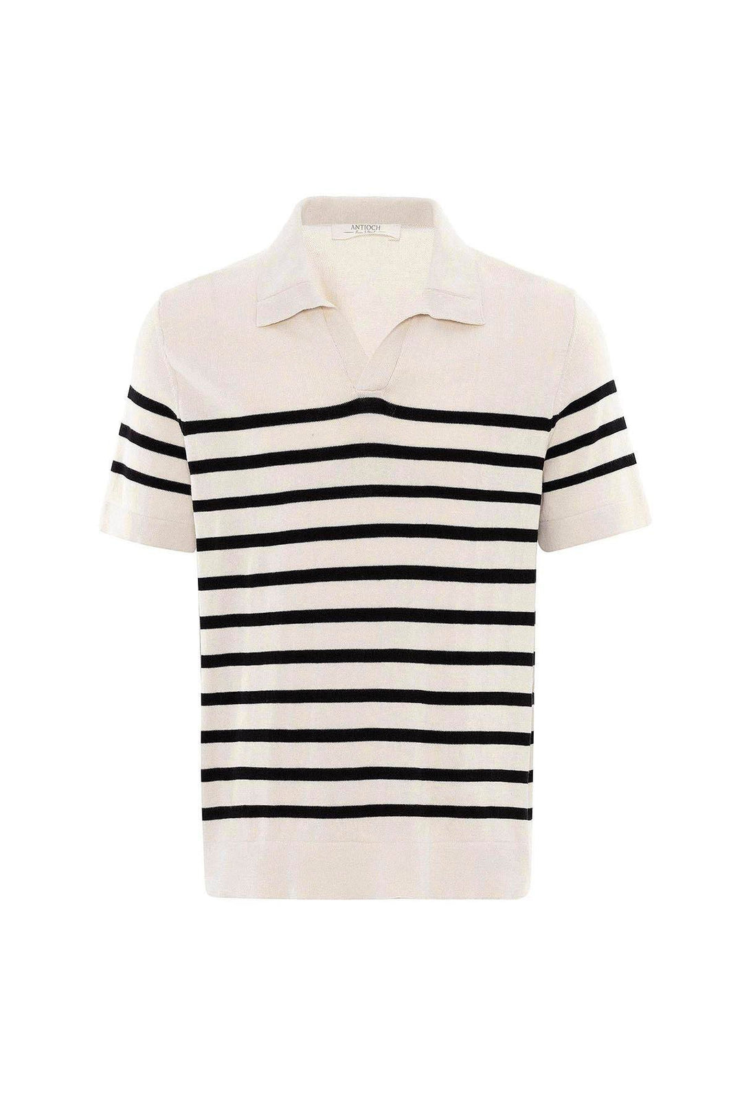 ANT Antioch Ecru-Black Polo Neck Striped Men's Knit T-Shirt - Lincoln