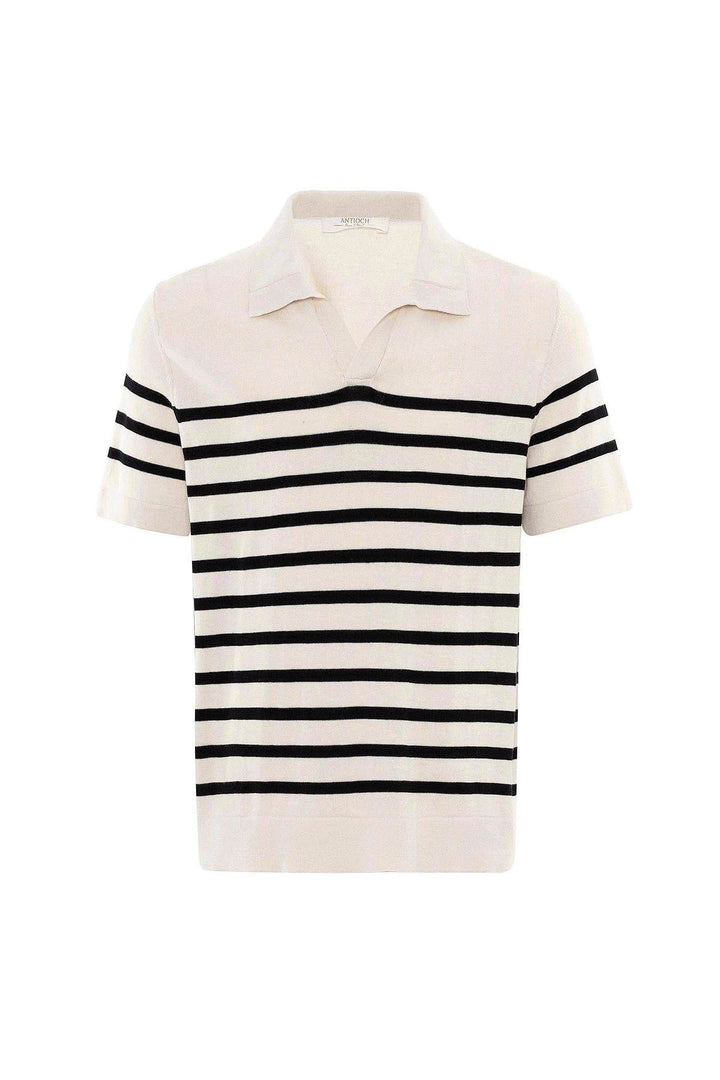 ANT Antioch Ecru-Black Polo Neck Striped Men's Knit T-Shirt - Lincoln