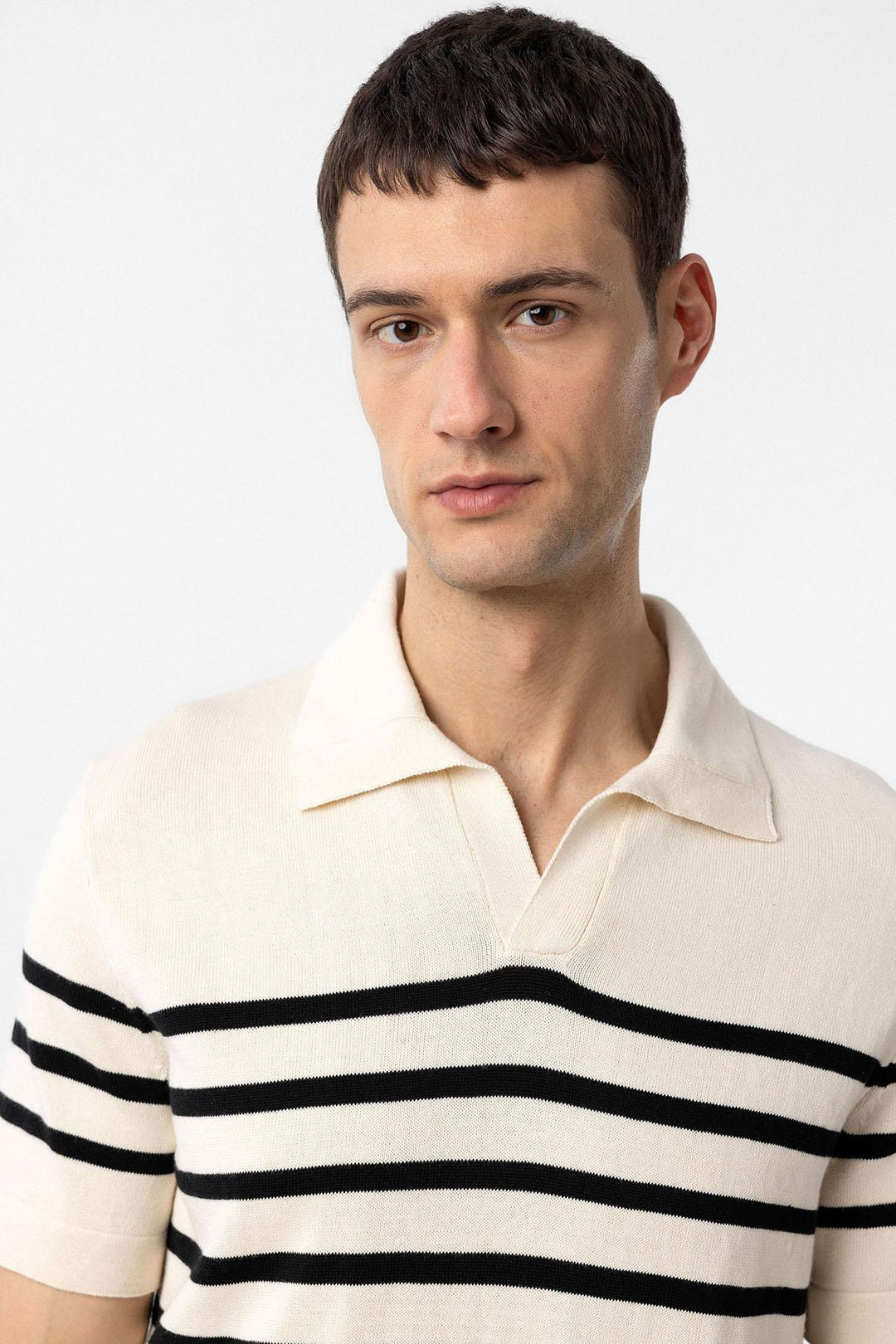 ANT Antioch Ecru-Black Polo Neck Striped Men's Knit T-Shirt - Lincoln