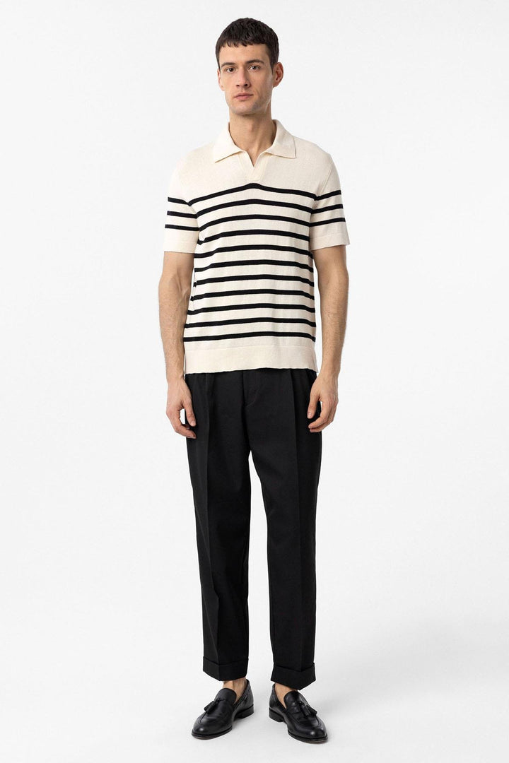 ANT Antioch Ecru-Black Polo Neck Striped Men's Knit T-Shirt - Lincoln