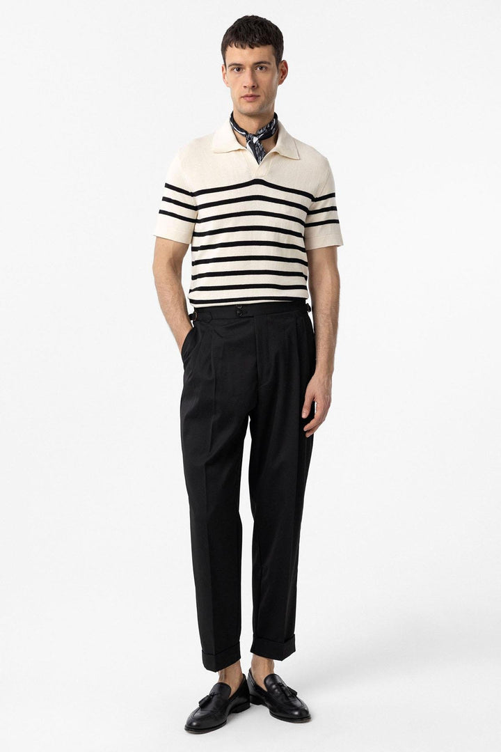 ANT Antioch Ecru-Black Polo Neck Striped Men's Knit T-Shirt - Lincoln