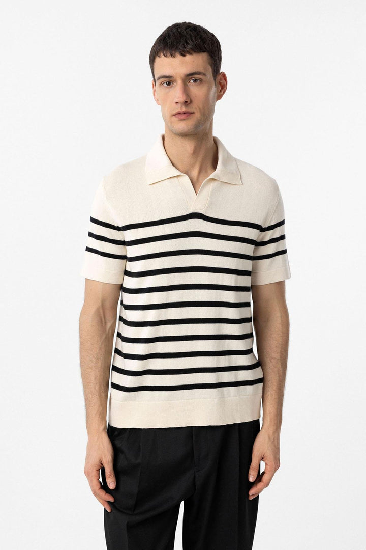 ANT Antioch Ecru-Black Polo Neck Striped Men's Knit T-Shirt - Lincoln