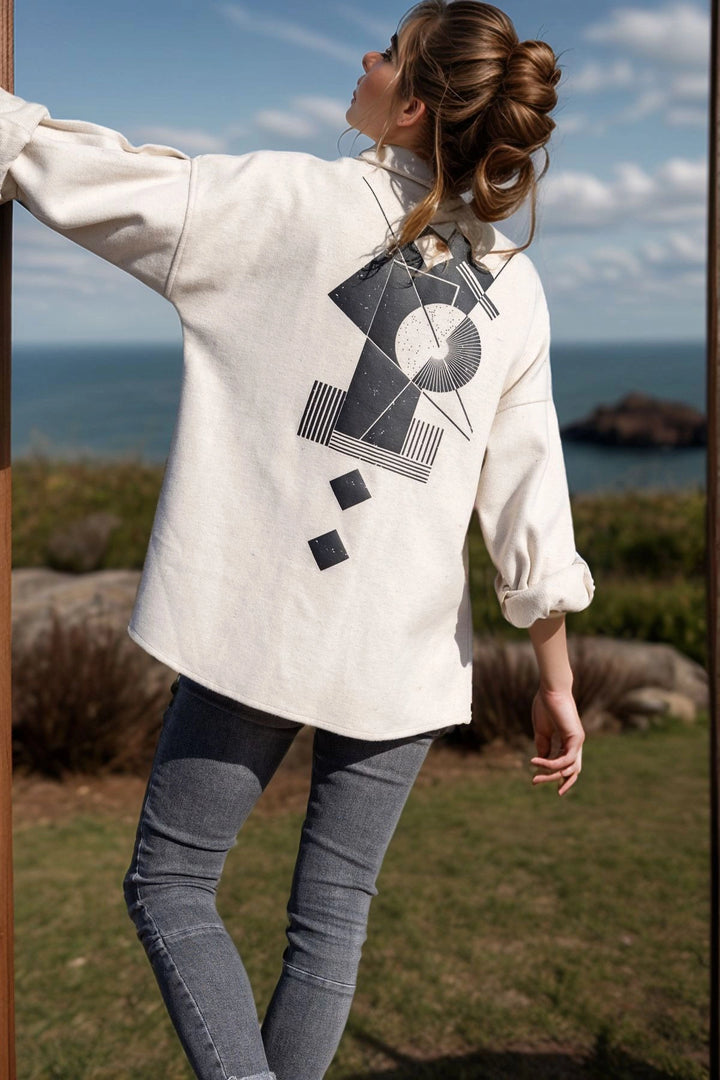 Ecru Stone Leather Trimmed Back Printed Stamp Oversized Jacket Shirt BCBSK-25700-3289 - Coventry