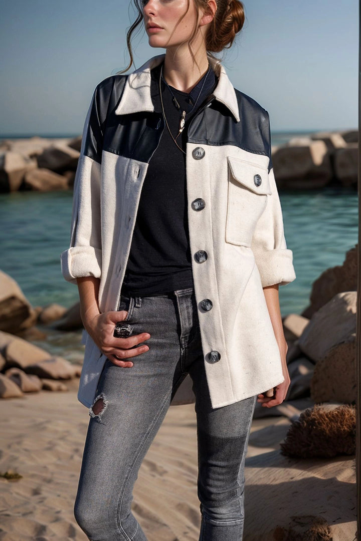 Ecru Stone Leather Trimmed Back Printed Stamp Oversized Jacket Shirt BCBSK-25700-3289 - Coventry