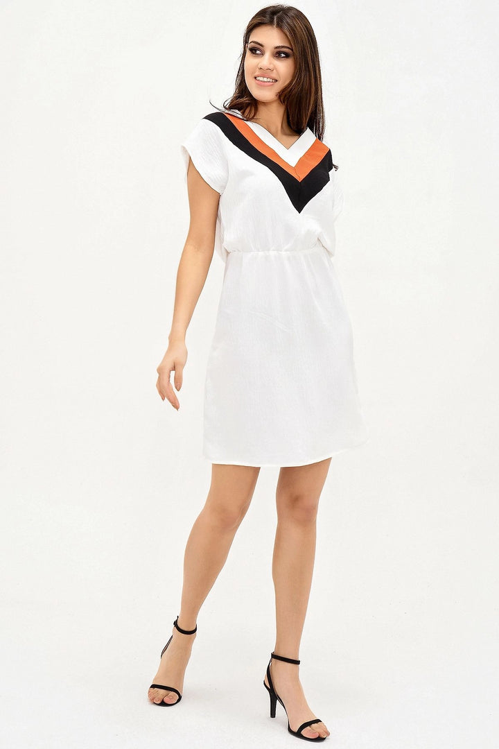 Ecru V-Neck Block Belted Dress BCBSK-25700-2855 - Komotiní