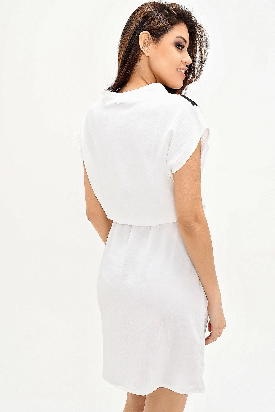 Ecru V-Neck Block Belted Dress BCBSK-25700-2855 - Komotiní