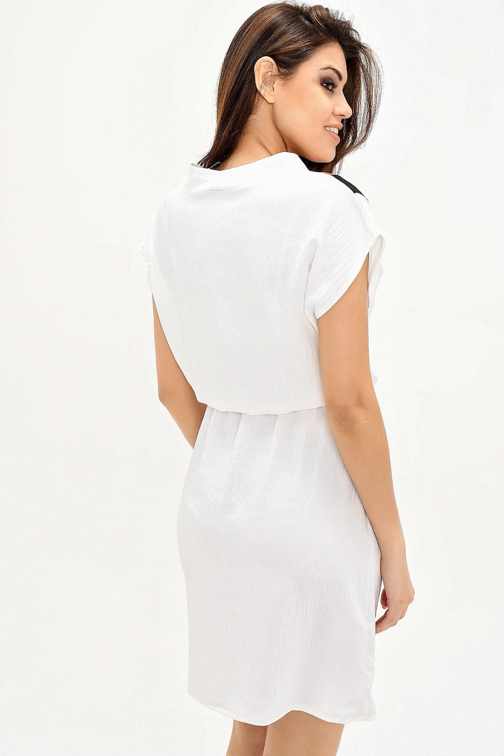 Ecru V-Neck Block Belted Dress BCBSK-25700-2855 - Komotiní