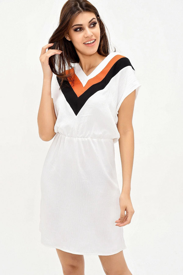 Ecru V-Neck Block Belted Dress BCBSK-25700-2855 - Komotiní