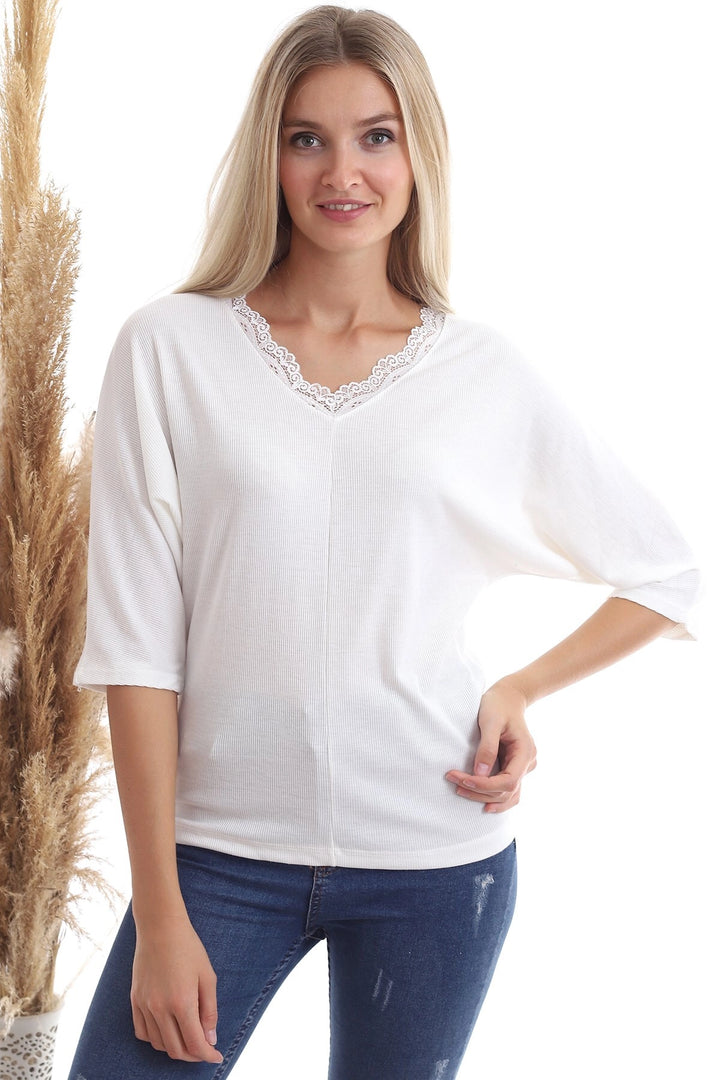 Ecru V-Neck Lace Batwing Sleeve Blouse CO-2520343331 - Bagnolet