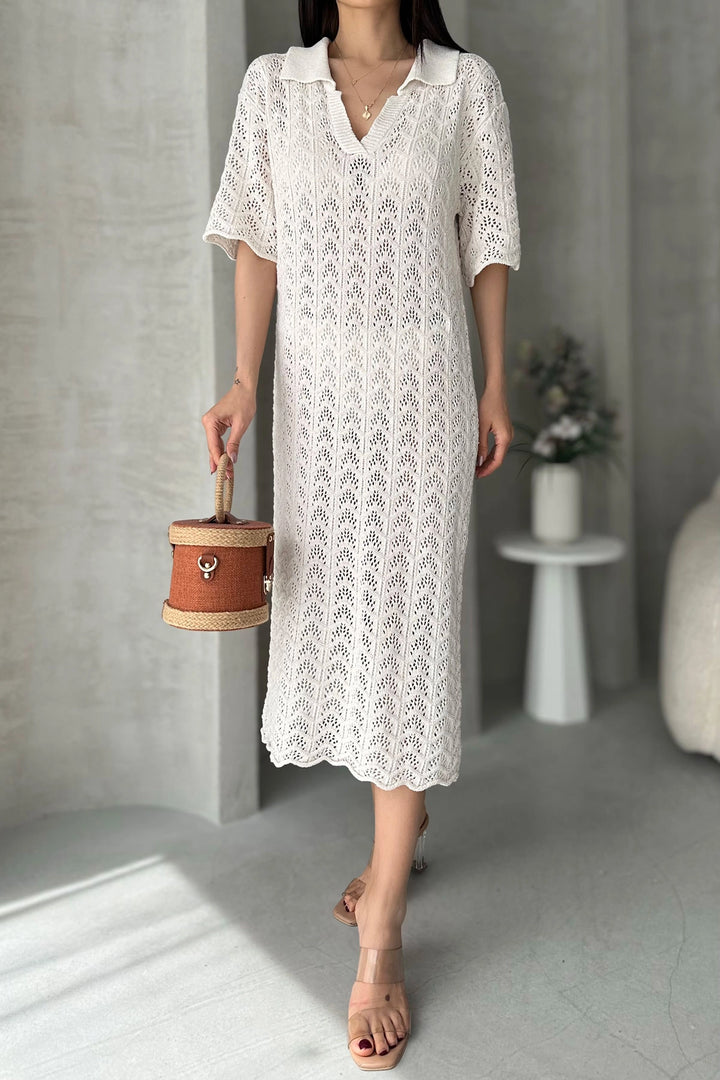 Ecru V-Neck Crochet Knit Dress BCDF-25A3001 - Tezoyuca