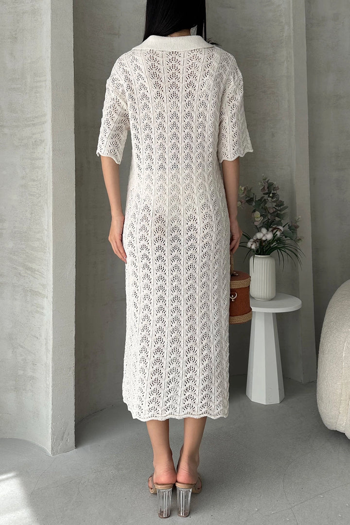 Ecru V-Neck Crochet Knit Dress BCDF-25A3001 - Tezoyuca