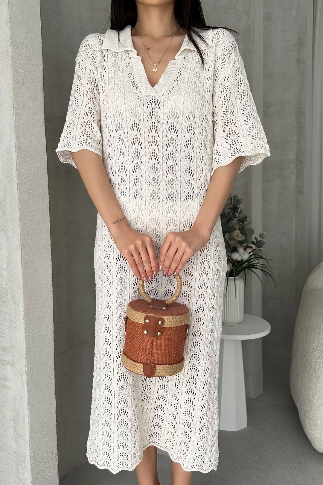 Ecru V-Neck Crochet Knit Dress BCDF-25A3001 - Tezoyuca
