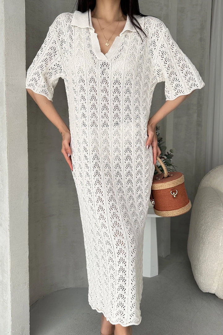 Ecru V-Neck Crochet Knit Dress BCDF-25A3001 - Tezoyuca