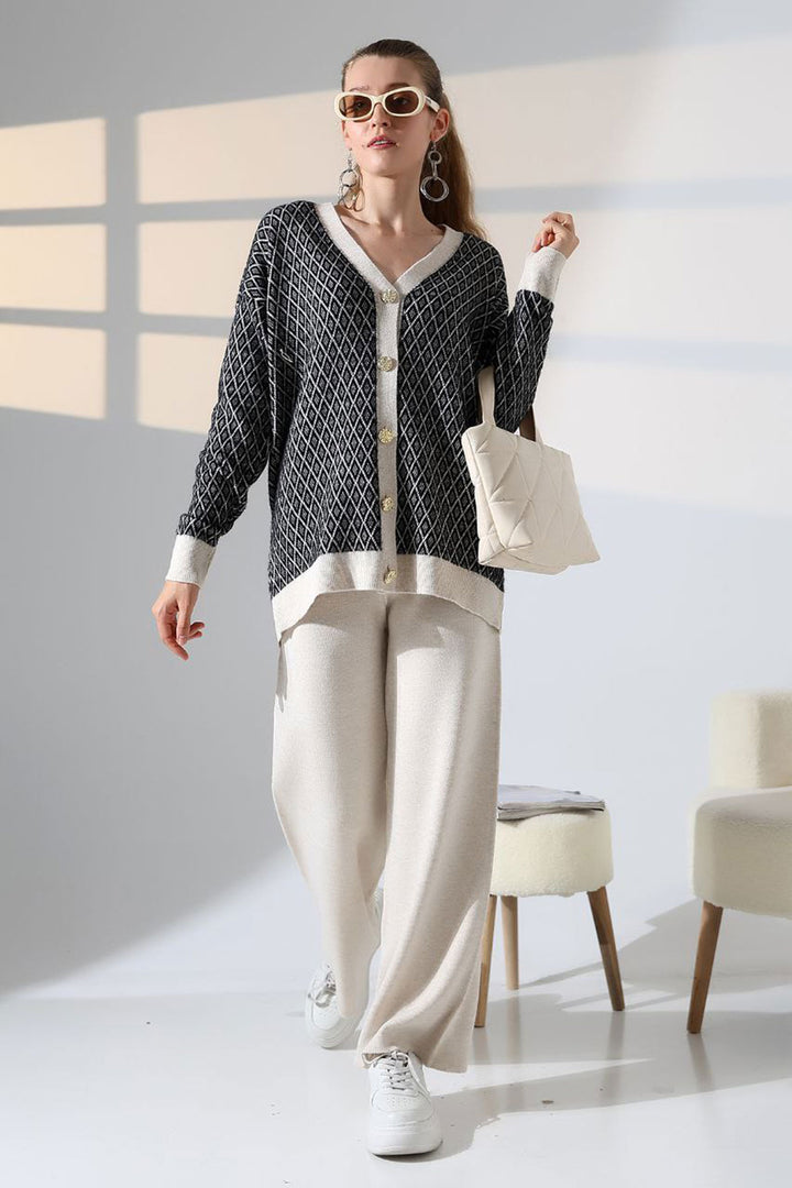 Ecru V-Neck Buttoned Cardigan and Pants Top Bottom Knit Set BCES-252011 - Trieste