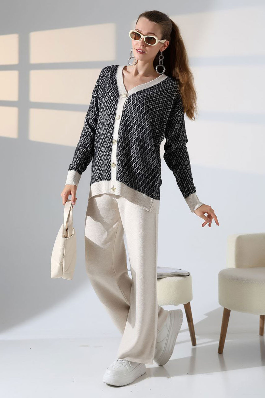 Ecru V-Neck Buttoned Cardigan and Pants Top Bottom Knit Set BCES-252011 - Trieste