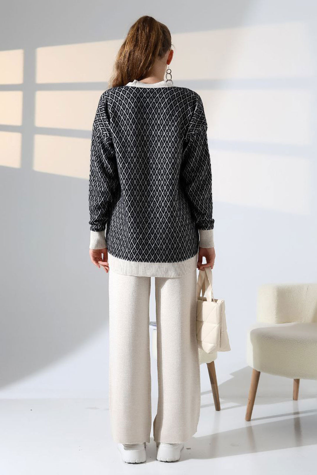 Ecru V-Neck Buttoned Cardigan and Pants Top Bottom Knit Set BCES-252011 - Trieste