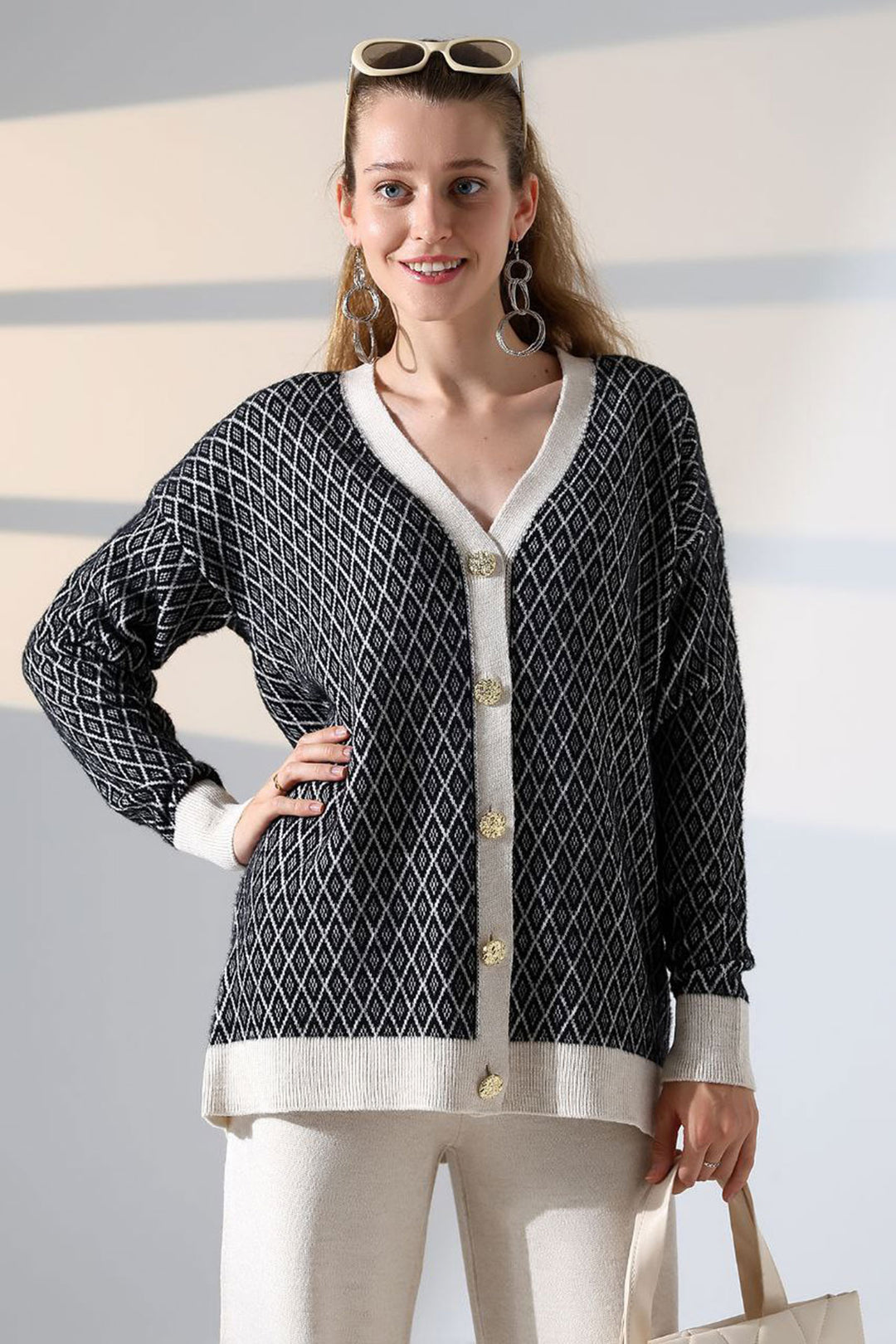 Ecru V-Neck Buttoned Cardigan and Pants Top Bottom Knit Set BCES-252011 - Trieste