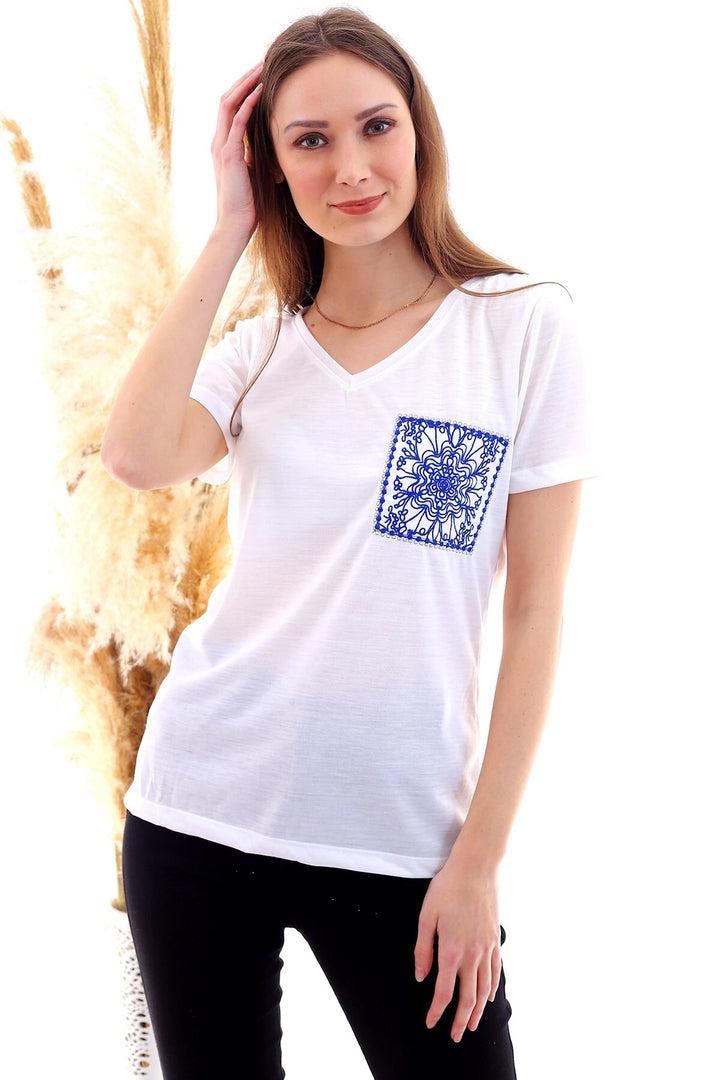 Ecru V-Neck Short Sleeve Pocket Embroidered T-Shirt CO-2520052934 - San Luis de la Paz