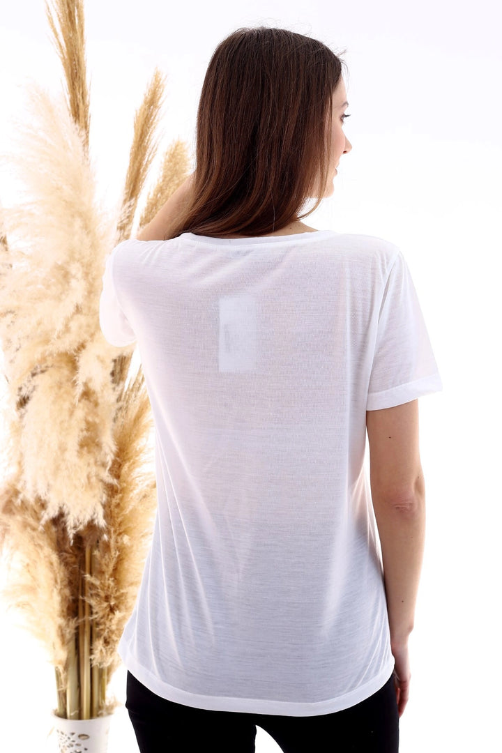 Ecru V-Neck Short Sleeve Pocket Embroidered T-Shirt CO-2520052934 - San Luis de la Paz