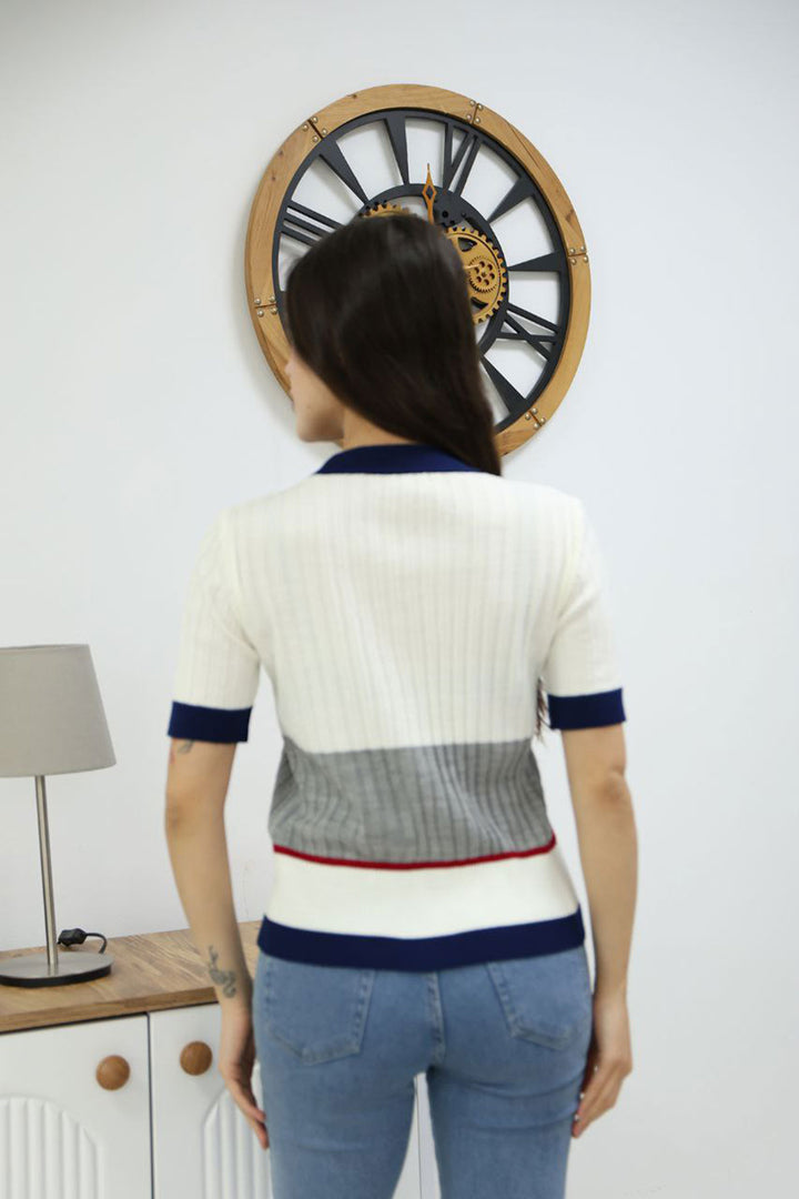 Ecru V-Neck Color Block Buttoned Knit Blouse BCES-252013 - Bellevue