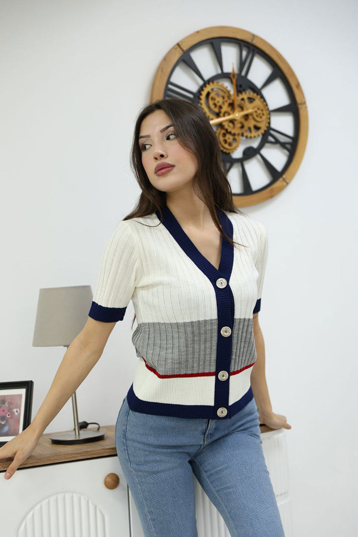 Ecru V-Neck Color Block Buttoned Knit Blouse BCES-252013 - Bellevue