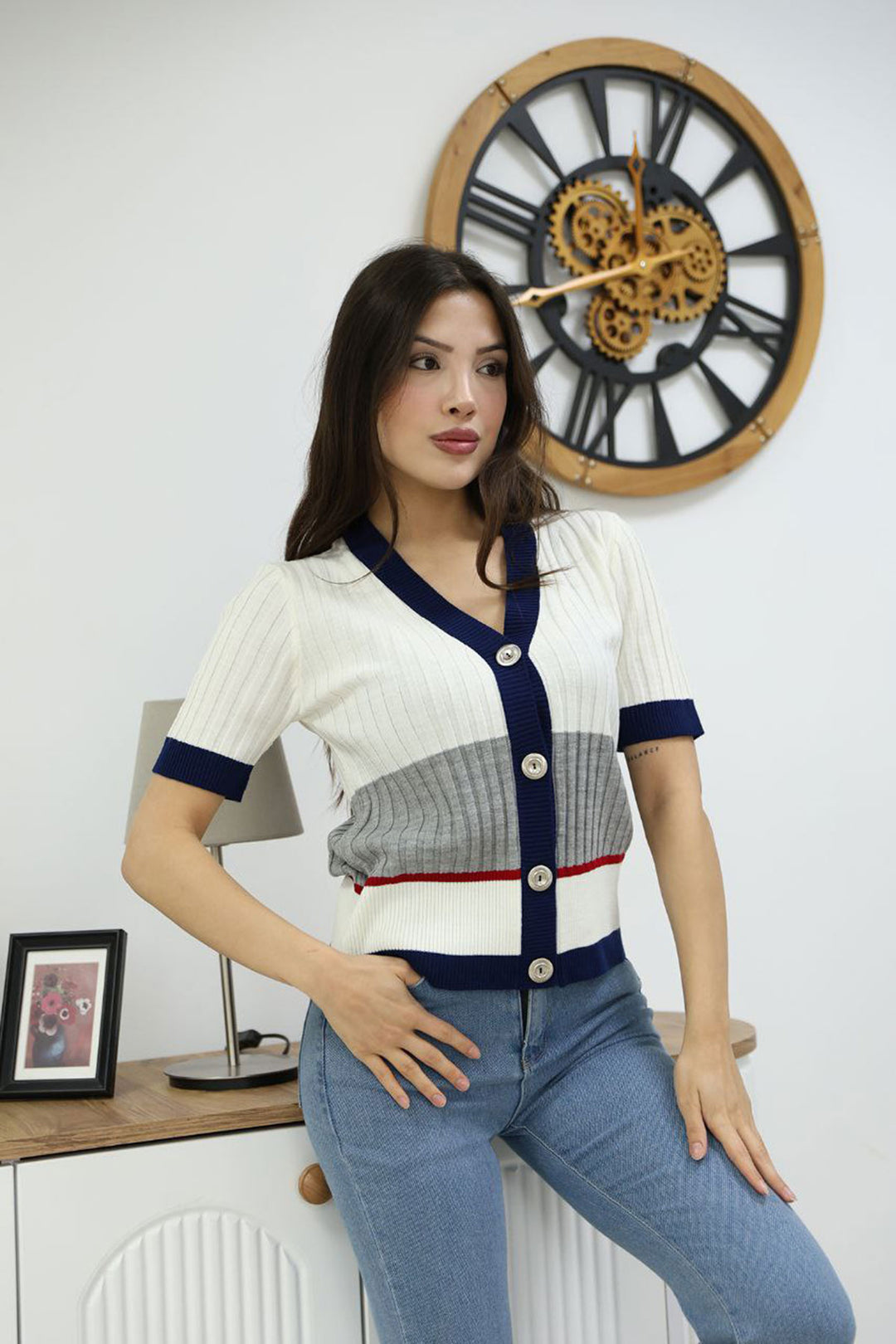 Ecru V-Neck Color Block Buttoned Knit Blouse BCES-252013 - Bellevue