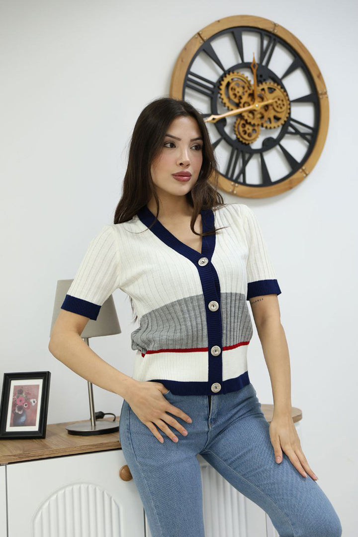 Ecru V-Neck Color Block Buttoned Knit Blouse BCES-252013 - Bellevue