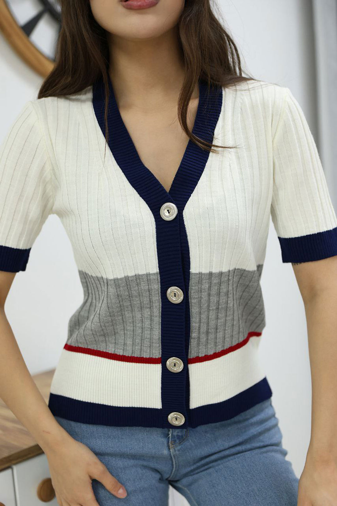 Ecru V-Neck Color Block Buttoned Knit Blouse BCES-252013 - Bellevue