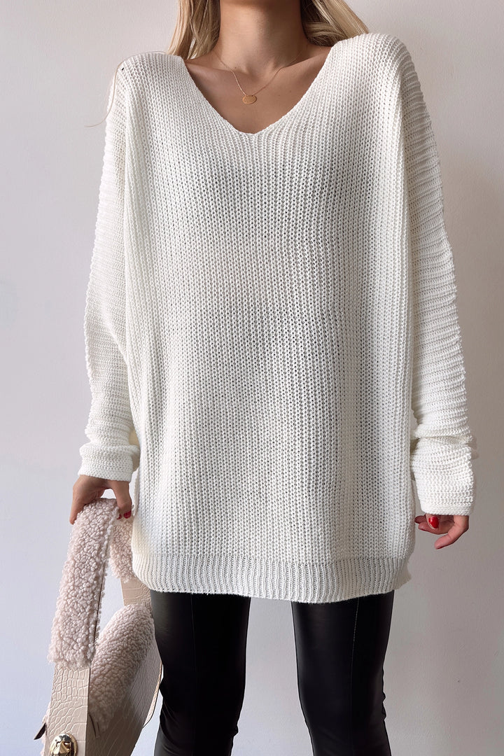 Ecru V-Neck Thessaloniki Knitted Winter Sweater BC231019 - Ogden