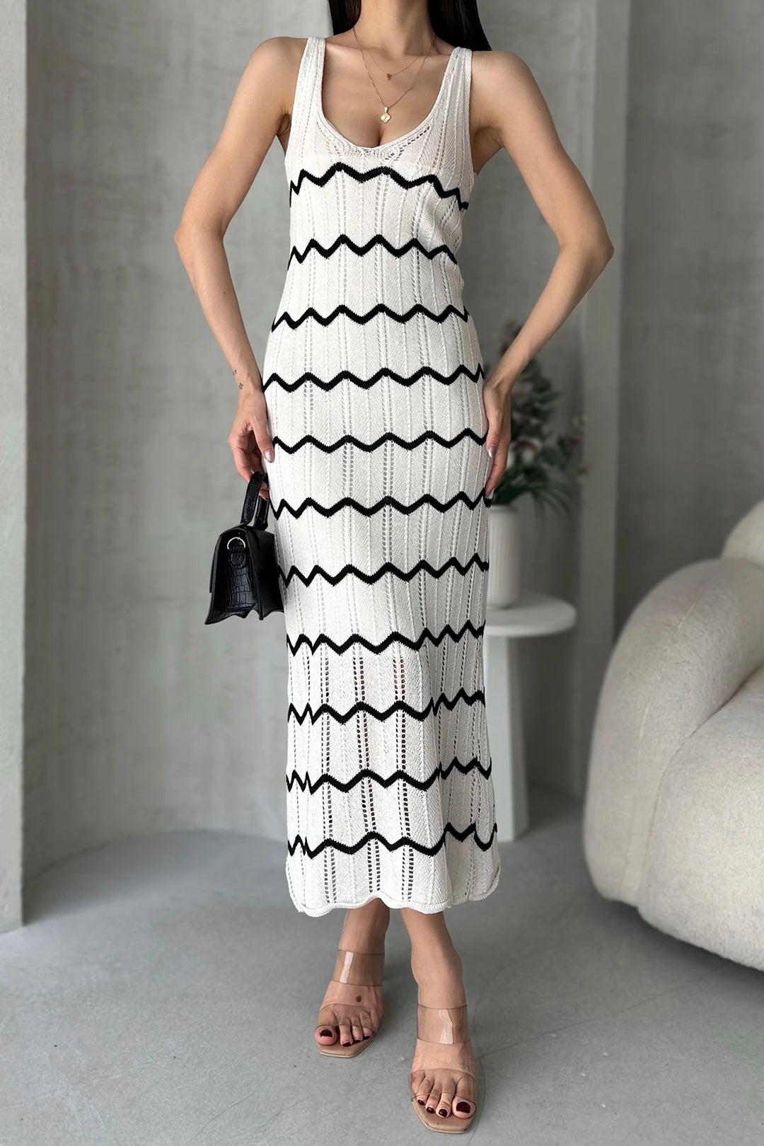 Ecru V-Neck Zigzag Detail Knit Dress BCDF-25A3000 - Wollongong