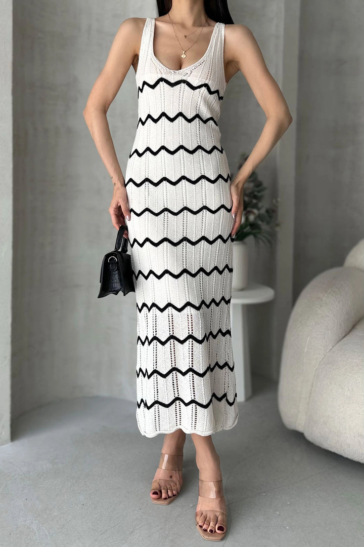 Ecru V-Neck Zigzag Detail Knit Dress BCDF-25A3000 - Wollongong