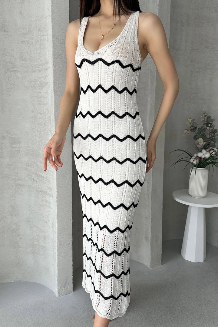 Ecru V-Neck Zigzag Detail Knit Dress BCDF-25A3000 - Wollongong