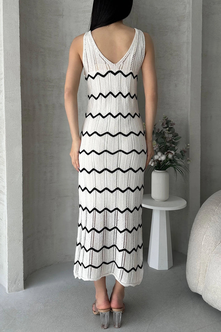 Ecru V-Neck Zigzag Detail Knit Dress BCDF-25A3000 - Wollongong