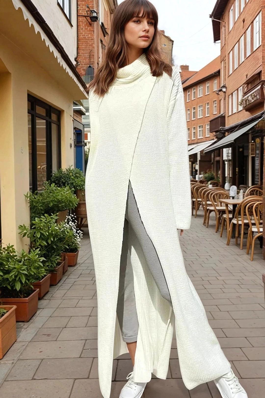 Ecru Slit Loose Long Poncho Dress BCBSK-25700-CCK95007 - Milpitas