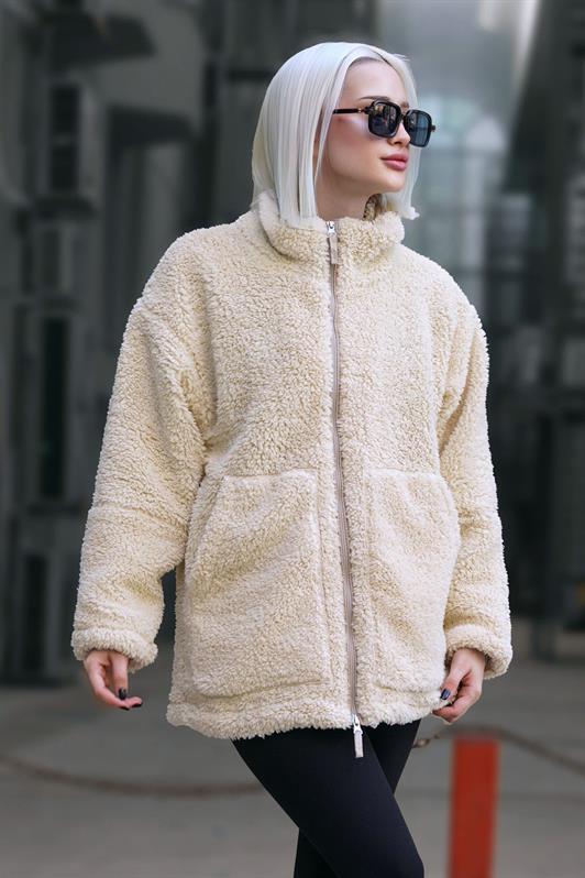 MDX Ecru High Neck Pocket Plush Coat MG1948 - Winter Haven