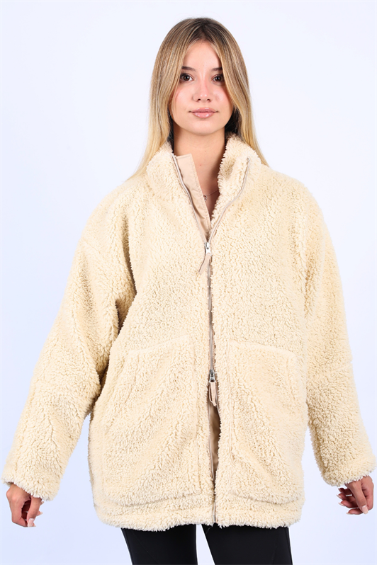 MDX Ecru High Neck Pocket Plush Coat MG1948 - Winter Haven