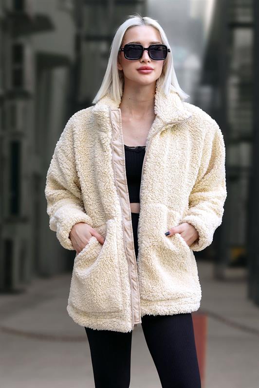 MDX Ecru High Neck Pocket Plush Coat MG1948 - Winter Haven