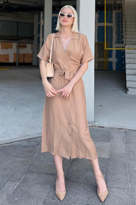 MDX Camel Shirt Collar Pocket Detailed Buttoned Long Dress MG2083 - Edinburg