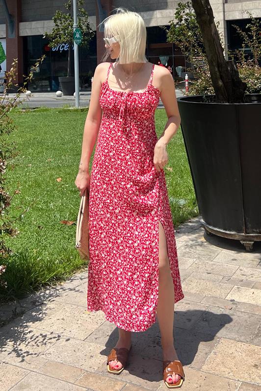 MDX Red Patterned Strappy Long Dress MG2025 - Rosenberg